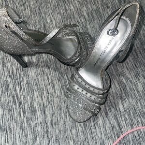 Adrianna Papell Silver Glitter Strappy Evening Heels